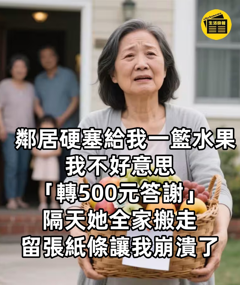 ​​鄰居硬塞給我一籃水果！！我不好意思「轉500元答謝」，隔天她全家搬走，留張紙條讓我崩潰了