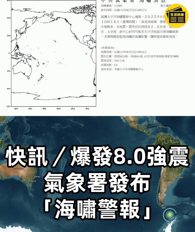 快訊/爆發8.0強震!氣象署發布「海嘯警報」